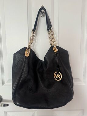 Michael Kors Black Pebbled Leather Hobo with Gold Chain Handles